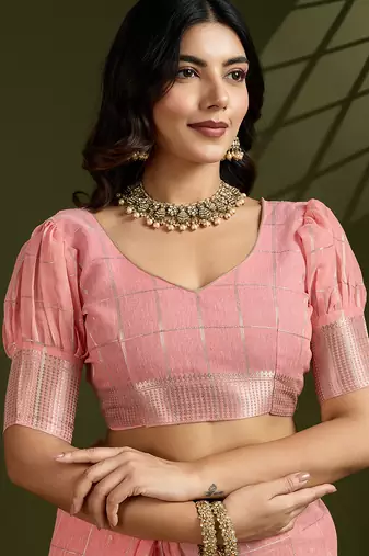 peach tissue linen silk zari woven designer saree with blouse