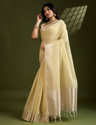 light yellow tissue linen silk zari woven designer saree with blouse 2