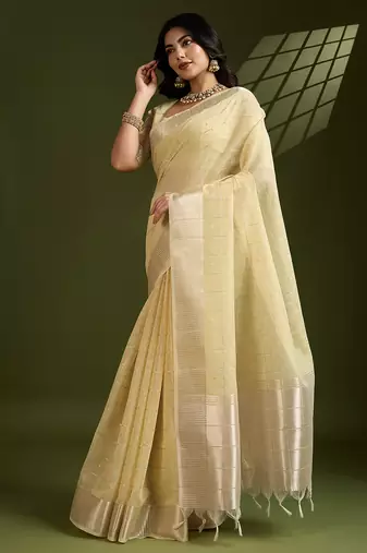 light yellow tissue linen silk zari woven designer saree with blouse