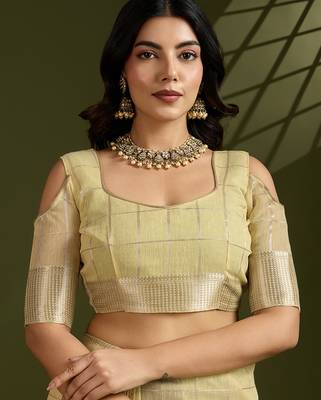 light yellow tissue linen silk zari woven designer saree with blouse 3