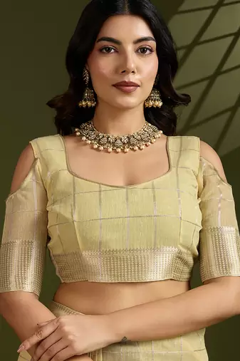 light yellow tissue linen silk zari woven designer saree with blouse