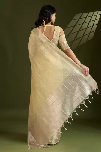 light yellow tissue linen silk zari woven designer saree with blouse