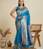 blue soft kanjivaram silk zari woven designer saree with blouse