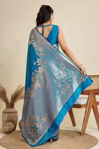blue soft kanjivaram silk zari woven designer saree with blouse