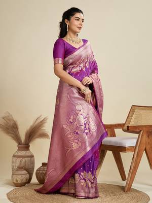 purple soft kanjivaram silk zari woven designer saree with blouse 2