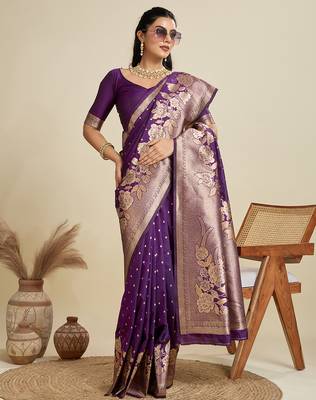 wine soft kanjivaram silk zari woven designer saree with blouse 2