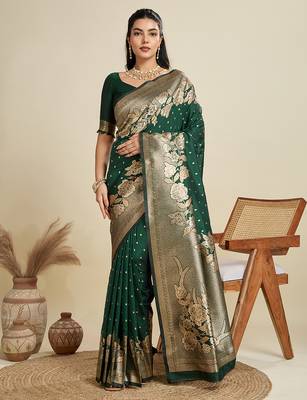 bottle green soft kanjivaram silk zari woven designer saree with blouse 1