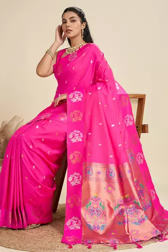 pink soft kanjivaram paithani silk zari woven designer saree with blouse