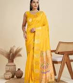 yellow soft kanjivaram paithani silk zari woven designer saree with blouse