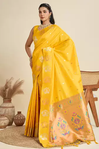yellow soft kanjivaram paithani silk zari woven designer saree with blouse
