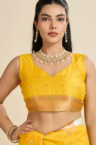 yellow soft kanjivaram paithani silk zari woven designer saree with blouse