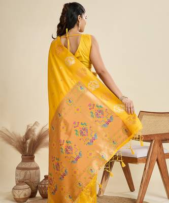 yellow soft kanjivaram paithani silk zari woven designer saree with blouse 4