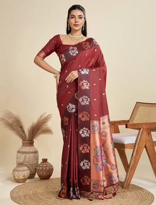 maroon soft kanjivaram paithani silk zari woven designer saree with blouse 1