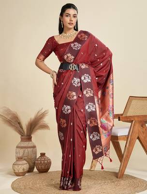 maroon soft kanjivaram paithani silk zari woven designer saree with blouse 2