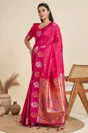 rani pink soft kanjivaram paithani silk zari woven designer saree with blouse