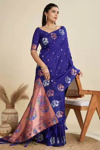 blue soft kanjivaram paithani silk zari woven designer saree with blouse