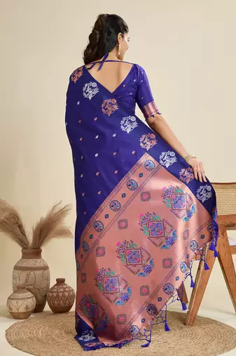 blue soft kanjivaram paithani silk zari woven designer saree with blouse