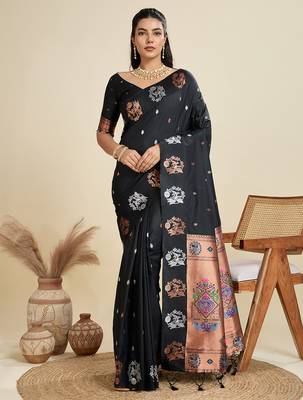 black soft kanjivaram paithani silk zari woven designer saree with blouse 1