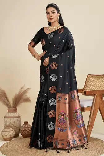 black soft kanjivaram paithani silk zari woven designer saree with blouse