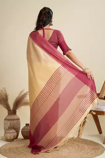 cream khadi raw silk temple woven border designer saree with blouse