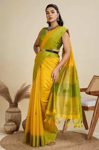 yellow khadi raw silk temple woven border designer saree with blouse