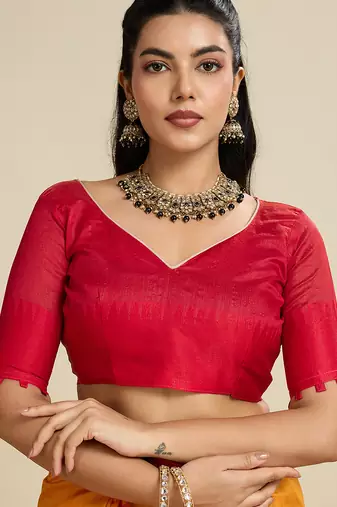 mustard khadi raw silk temple woven border designer saree with blouse