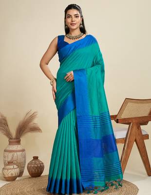 rama khadi raw silk temple woven border designer saree with blouse 1