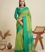 mehendi khadi raw silk temple woven border designer saree with blouse