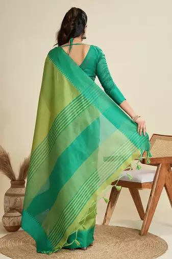 mehendi khadi raw silk temple woven border designer saree with blouse