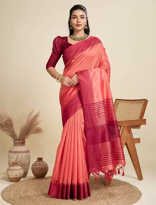 peach khadi raw silk temple woven border designer saree with blouse 1