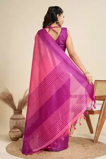 pink khadi raw silk temple woven border designer saree with blouse