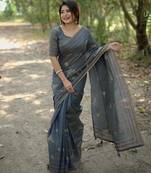 grey tussar silktraditional thread work designer saree with blouse