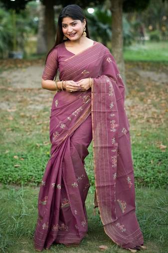 wine tussar silktraditional thread work designer saree with blouse