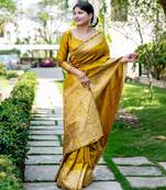 mustard handloom raw silk weaving designer saree with blouse