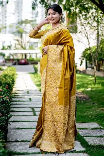 mustard handloom raw silk weaving designer saree with blouse