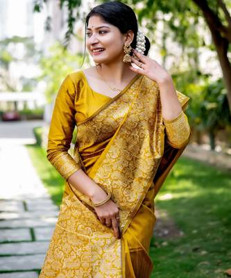 mustard handloom raw silk weaving designer saree with blouse 3