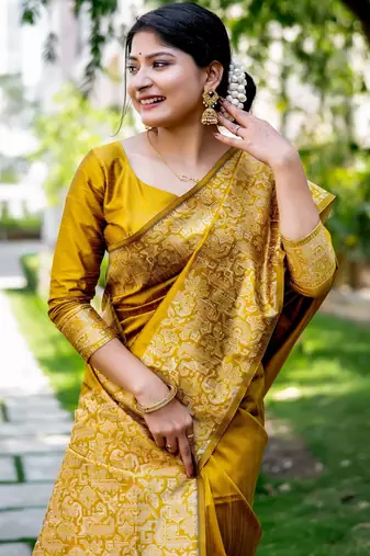 mustard handloom raw silk weaving designer saree with blouse