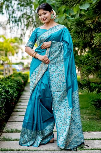 sky blue handloom raw silk weaving designer saree with blouse