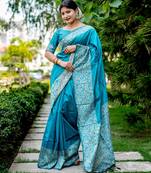 sky blue handloom raw silk weaving designer saree with blouse