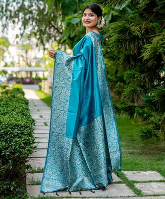 sky blue handloom raw silk weaving designer saree with blouse 2
