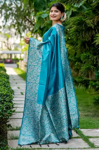 sky blue handloom raw silk weaving designer saree with blouse