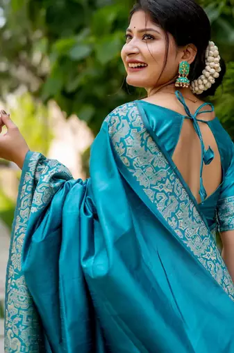 sky blue handloom raw silk weaving designer saree with blouse