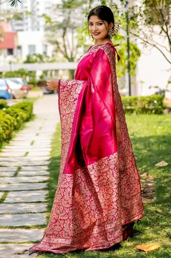 pink handloom raw silk weaving designer saree with blouse