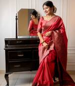 gajri red handloom raw silk weaving designer saree with blouse
