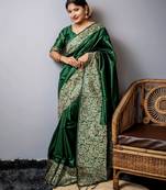bottle green handloom raw silk weaving designer saree with blouse