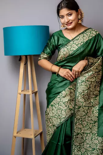 bottle green handloom raw silk weaving designer saree with blouse