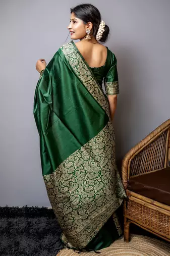 bottle green handloom raw silk weaving designer saree with blouse