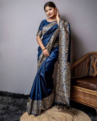 navy blue handloom raw silk weaving designer saree with blouse 1