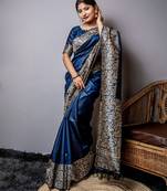 navy blue handloom raw silk weaving designer saree with blouse