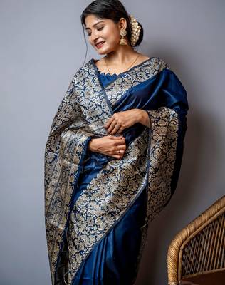 navy blue handloom raw silk weaving designer saree with blouse 2